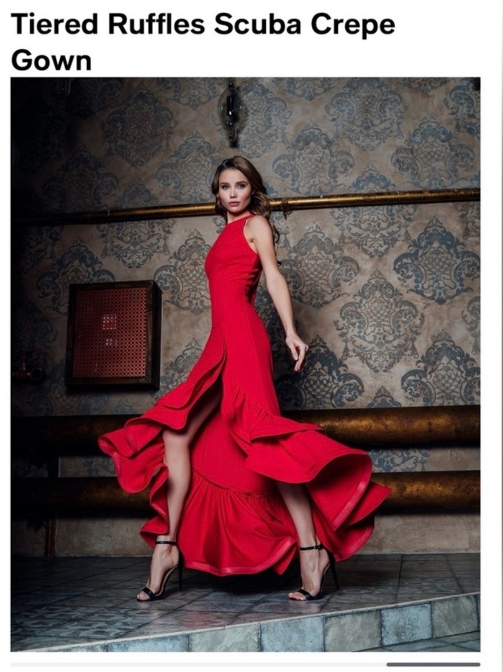 Betsey & Adam Long Red Ruffle Halter Gown - Picture 7 of 8
